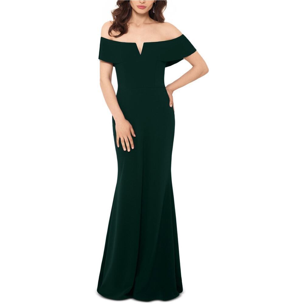 Betsy & Adam Women's Solid Off-The-Shoulder Gown Dark Green Size 8P NWT
